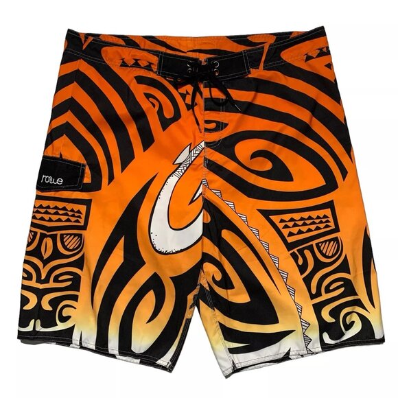 Nonwe Wave Board Shorts Swim Trunks Size 40 Orange Black 1 Pocket Mesh Brief - Picture 1 of 10